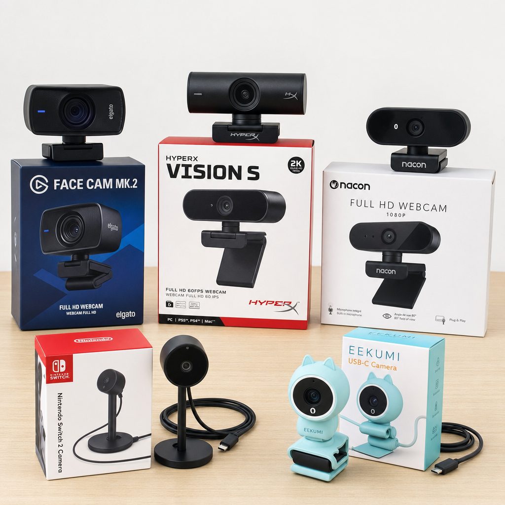 Five USB-C cameras with their boxes: Elgato Face Cam MK.2, HyperX Vision S, Nacon Full HD, the Nintendo Switch 2 Camera and a cat-eared EEKUMI camera