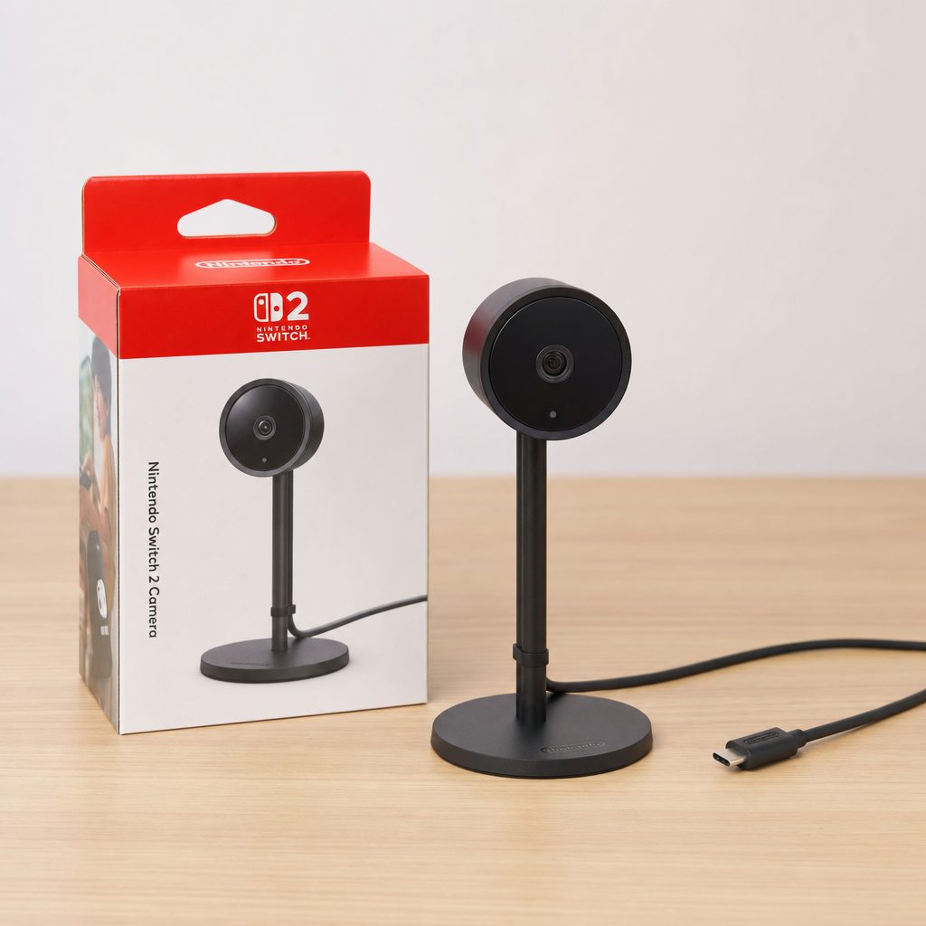 The official Nintendo Switch 2 Camera on its stand next to its retail box, USB-C cable coiled alongside
