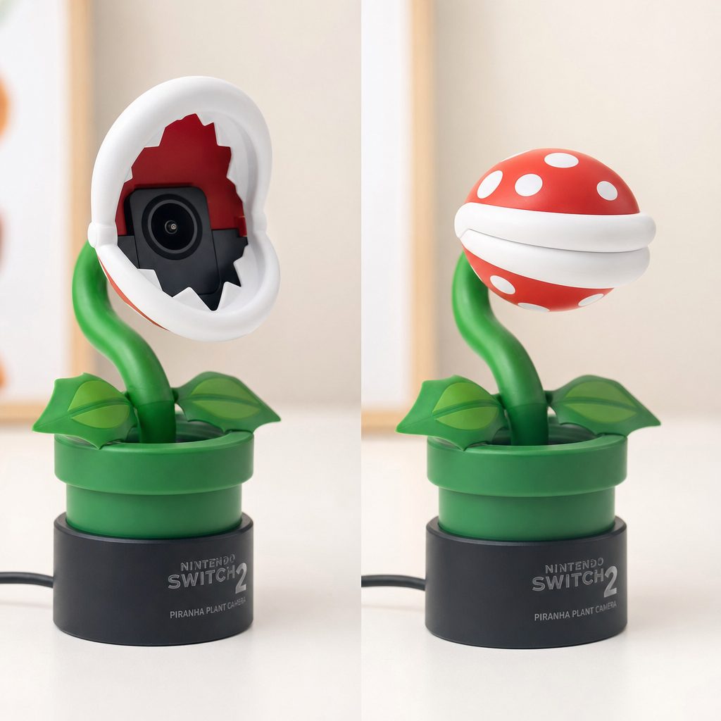 The Piranha Plant Camera shown open with the lens visible and closed with the mouth shut