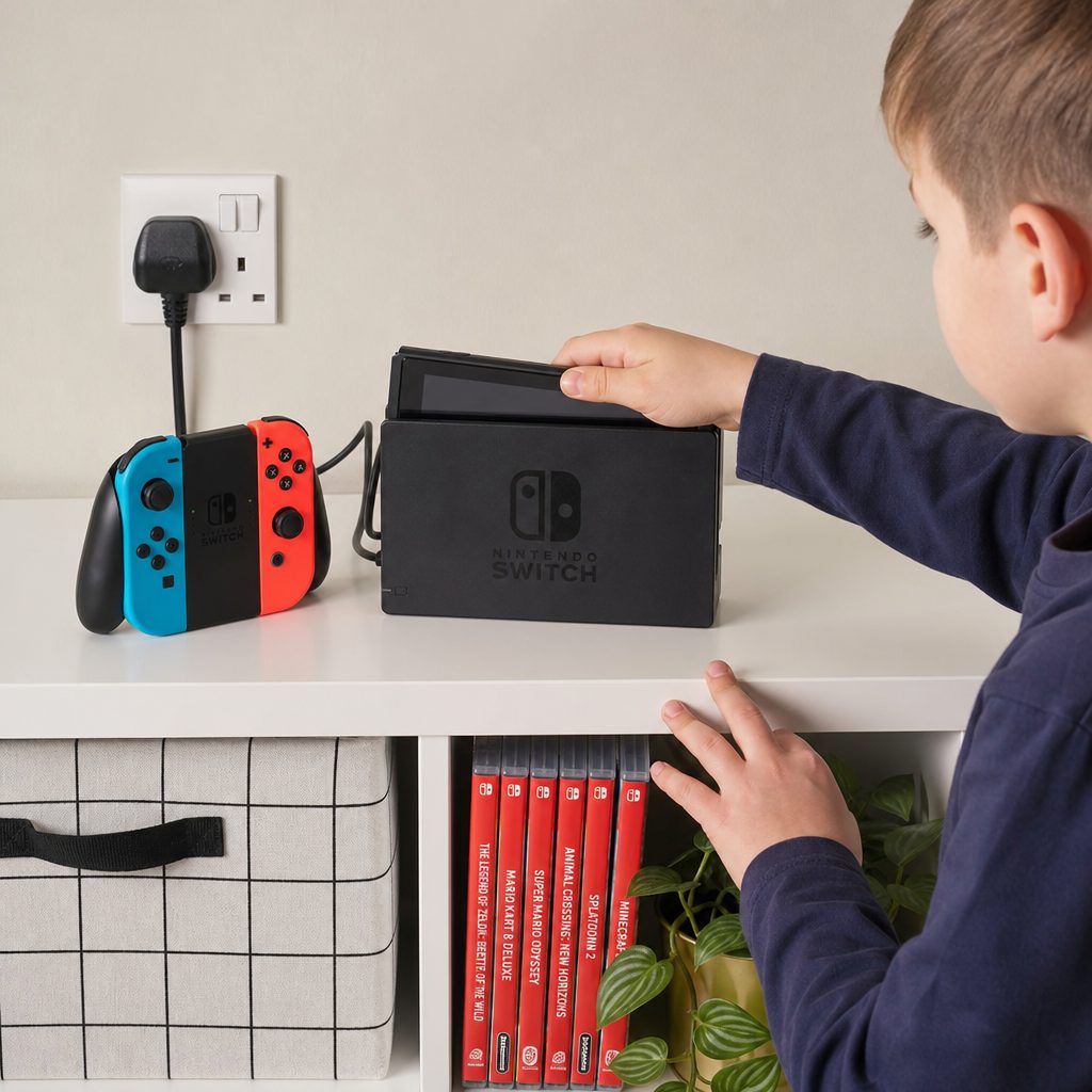A charging spot and a simple storage routine make the end of play feel ordinary rather than like a confiscation.