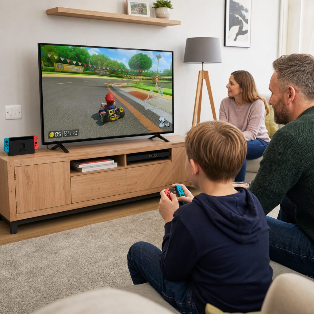 A visible family gaming spot makes turn-taking, supervision and the occasional