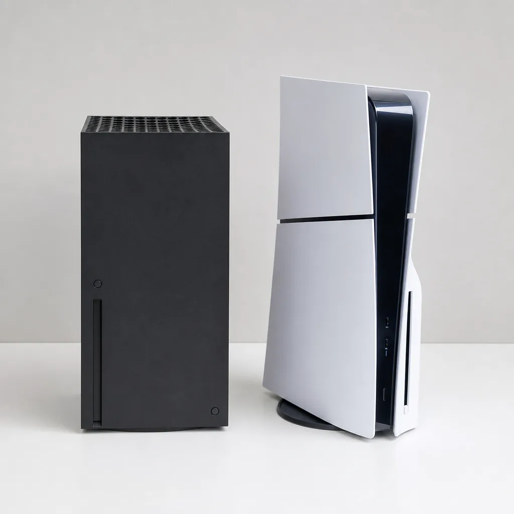 Xbox Series X console and wireless controller on a wooden desk