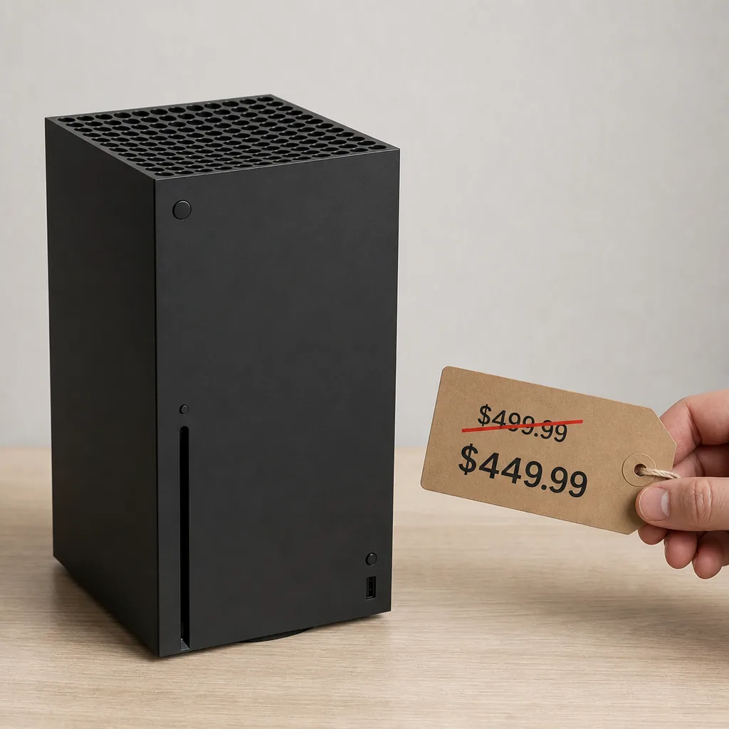 Xbox Series X console and controller on a wooden surface