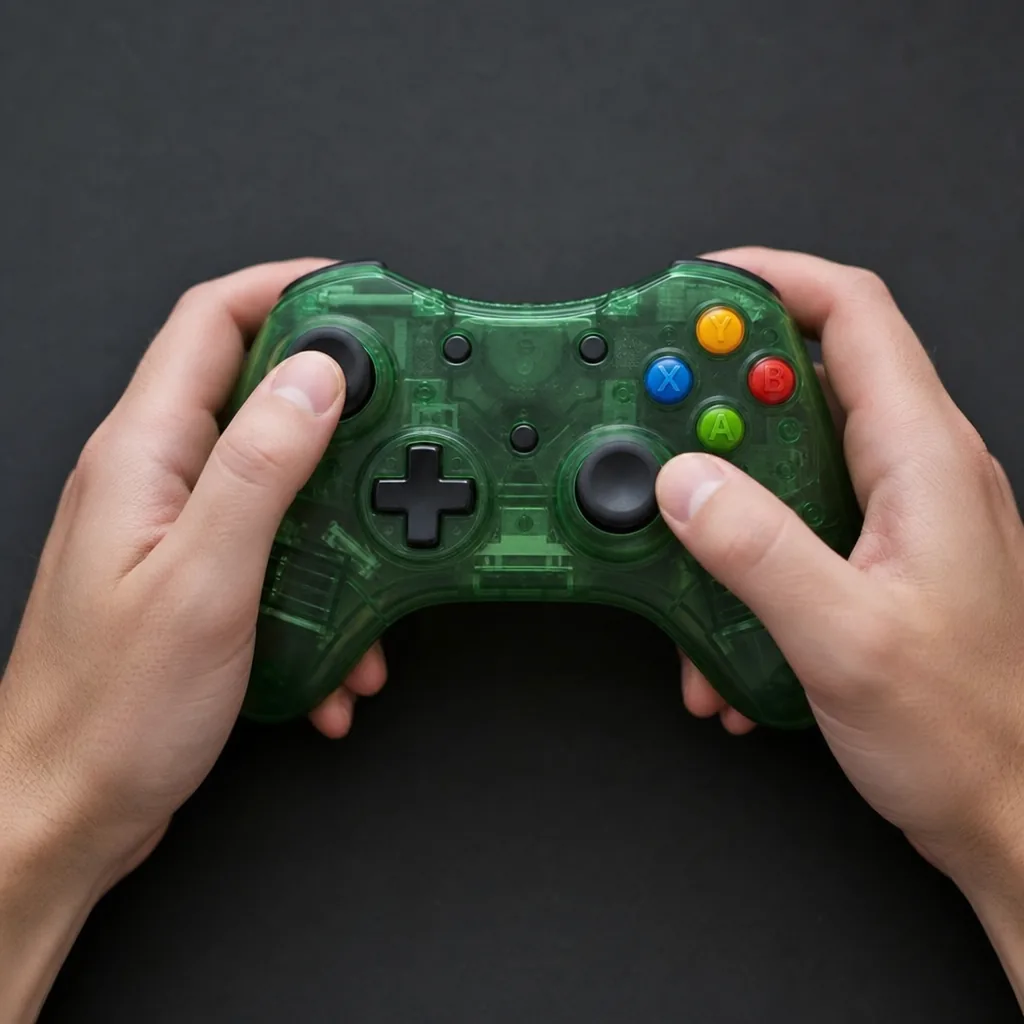 Translucent green Xbox wireless controller with coloured ABXY buttons on a dark background