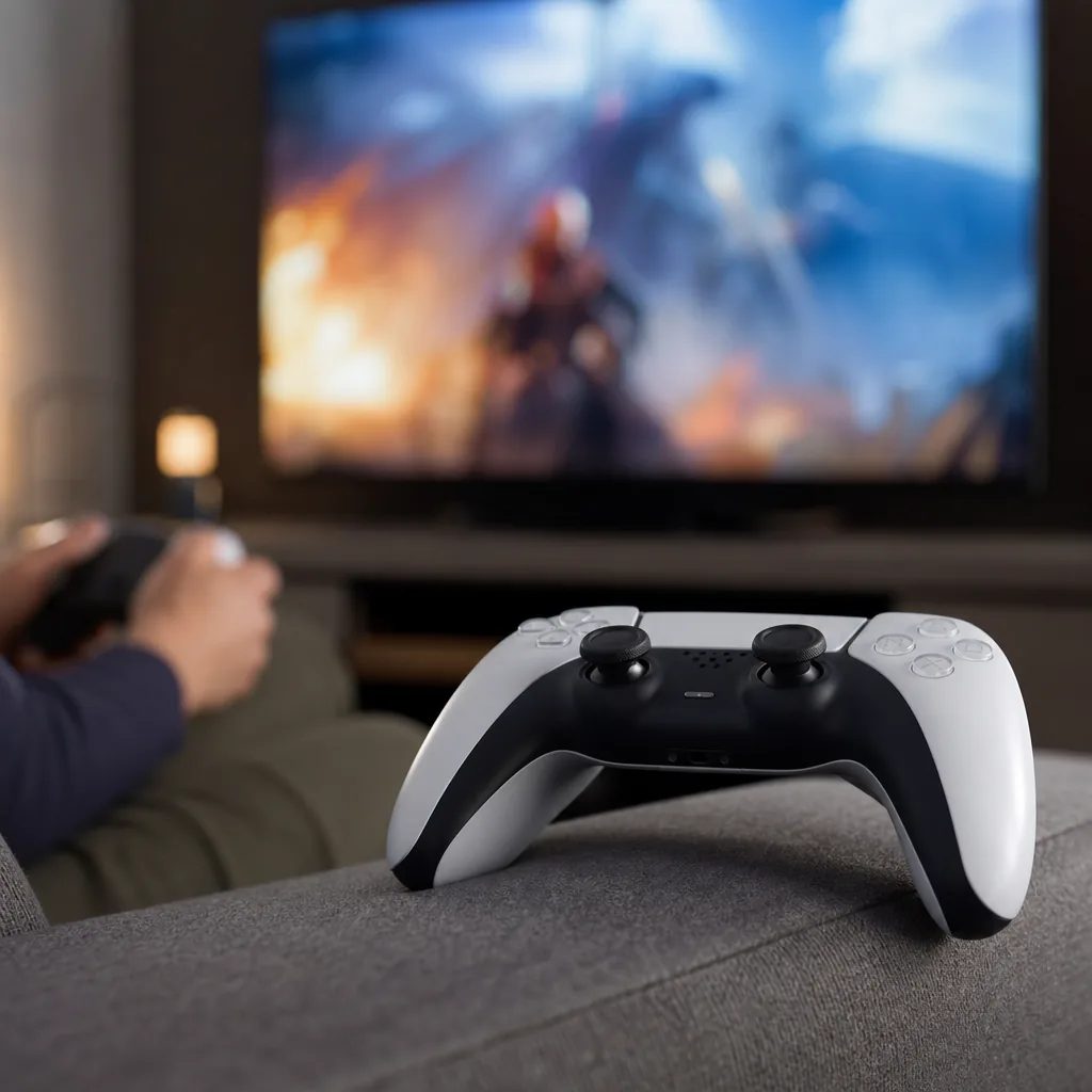 A wireless controller in front of a television