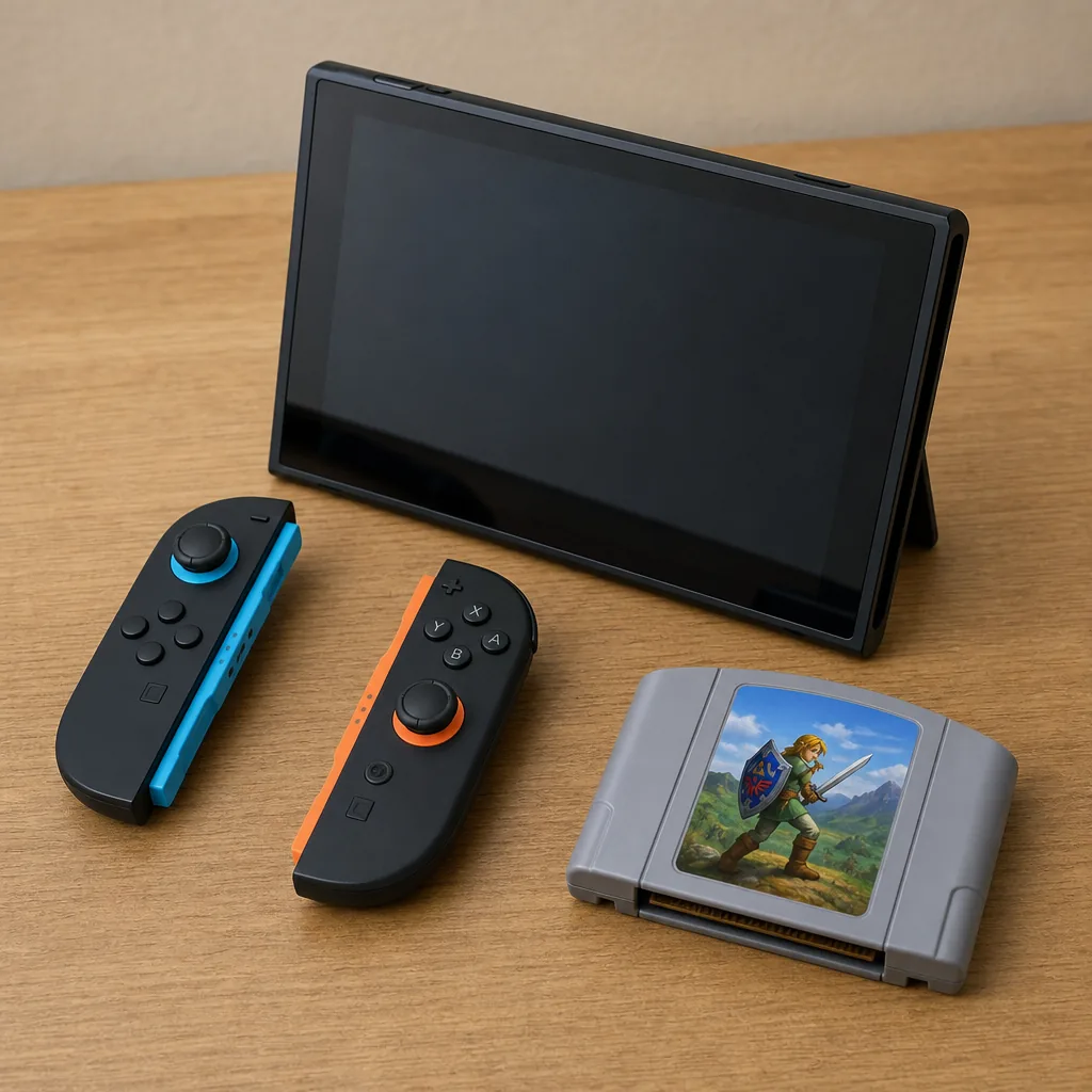 Nintendo Switch 2 console and controllers on a wooden desk beside a gold game cartridge
