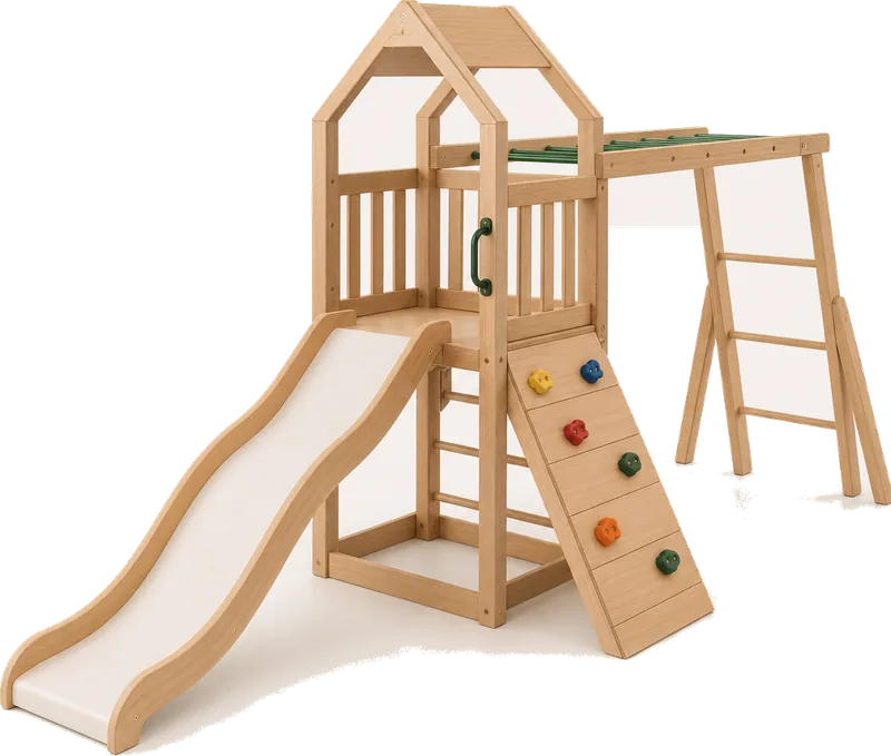 Swing Slide Climb Wooden Adventure Tower with Slide and Monkey Bars